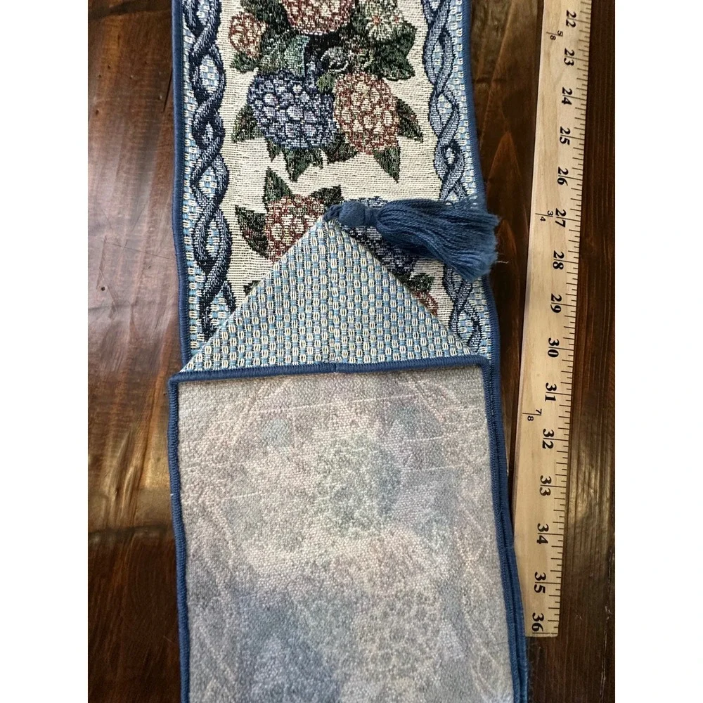 Floral Tapestry Wall Hanging Vertical Blue Tassel Wooden Dowel 48 in